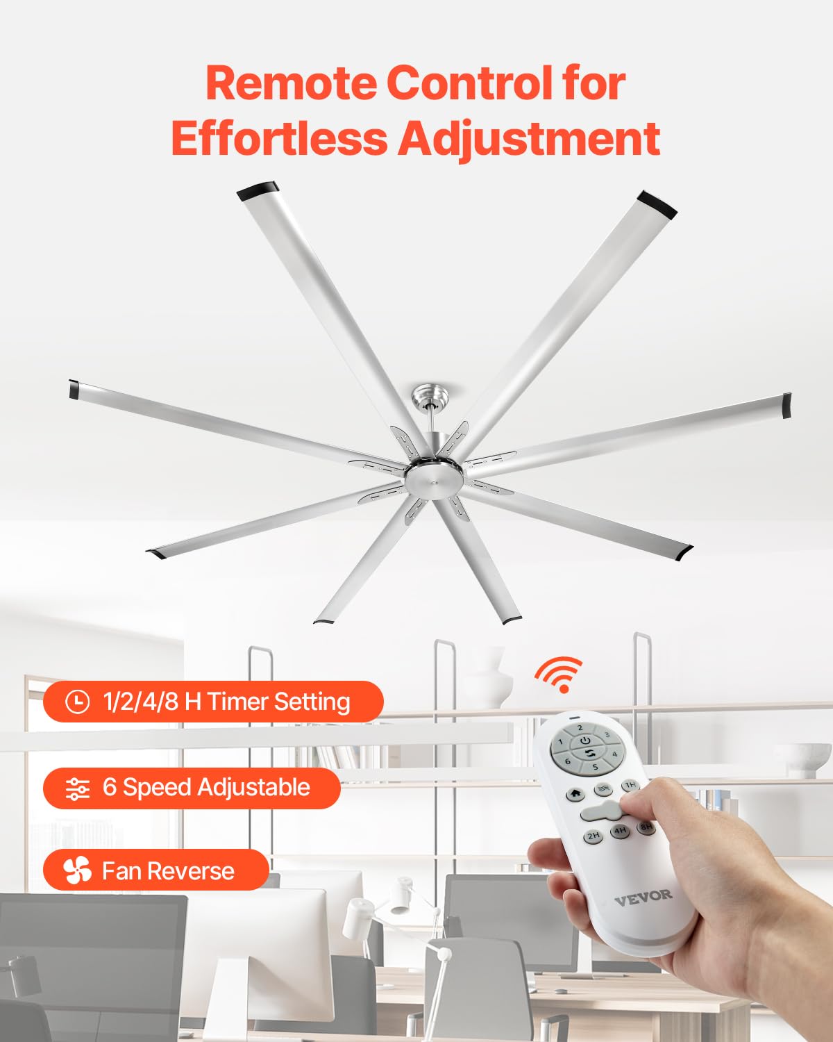 VEVOR Ventilador de Techo Moderno sin Luz 243 cm Mando a Distancia 6 Velocidades 8 Aspas Aluminio, Motor DC Reversible, para Dormitorio, Interior, Exterior, Níquel Cepillado, Φ 2430 x 705,8 mm