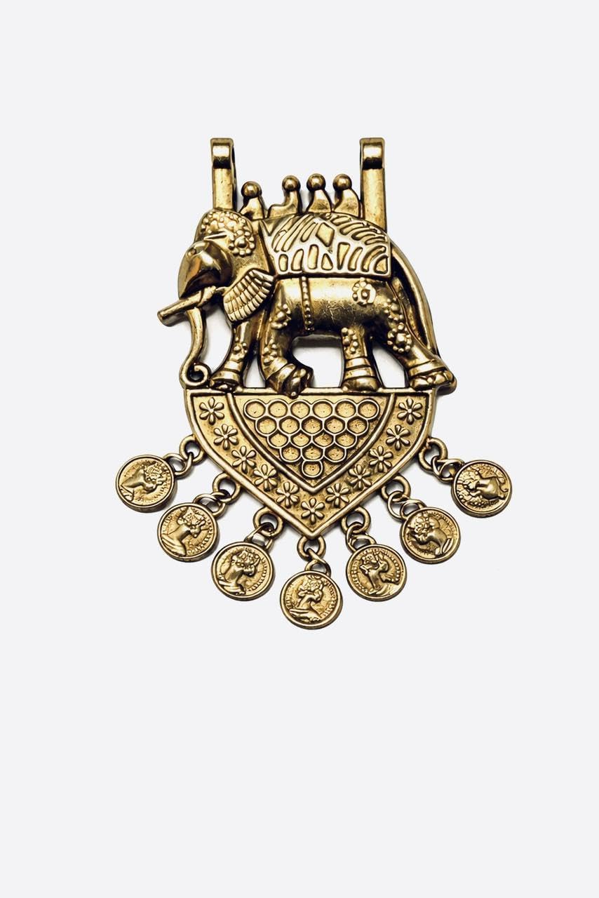 - Decorative Elephant Design Golden Metal Button Beads with Long Hanging Latkan for Kurti, Lehenga, Dress Decoration, Triangular Shape, 15 Pieces