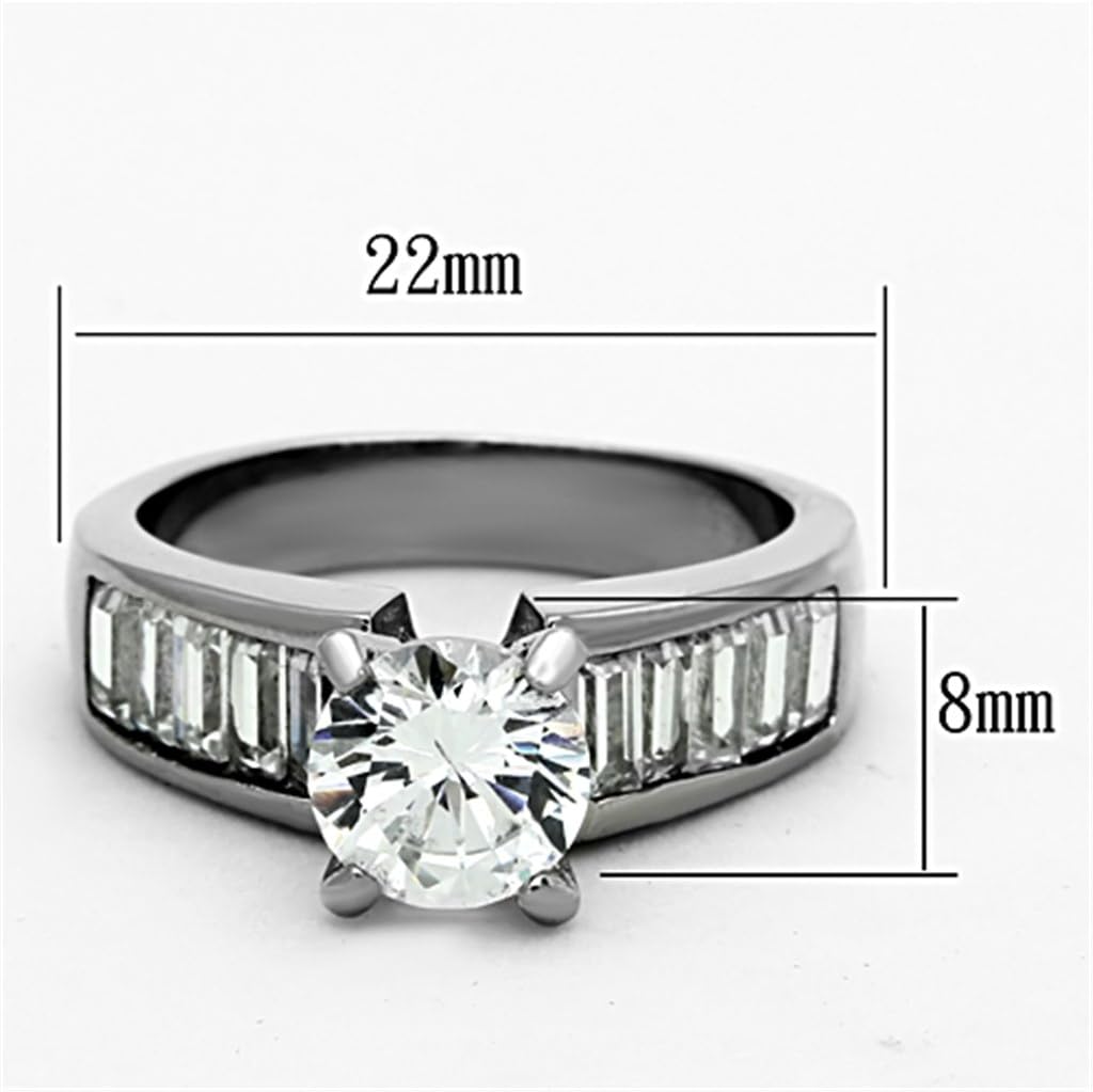 Marimor Jewelry 2.97 Carat Round Cut and Baguettes Cubic Zirconia Stainless Steel Engagement Ring Women's Size 5-10