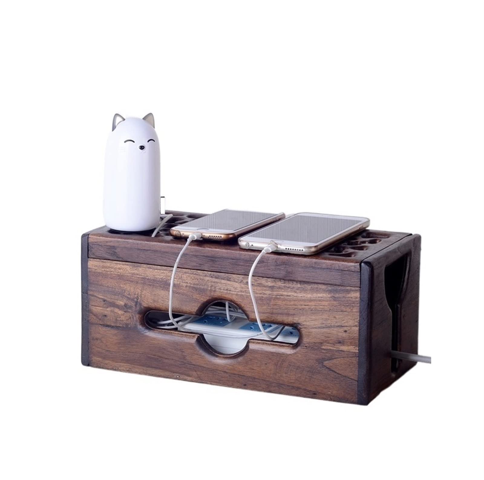 ordenador de cables, Caja de almacenamiento enchufe alimentación Cable grabado a mano madera con tapa abatible, grande for el hogar