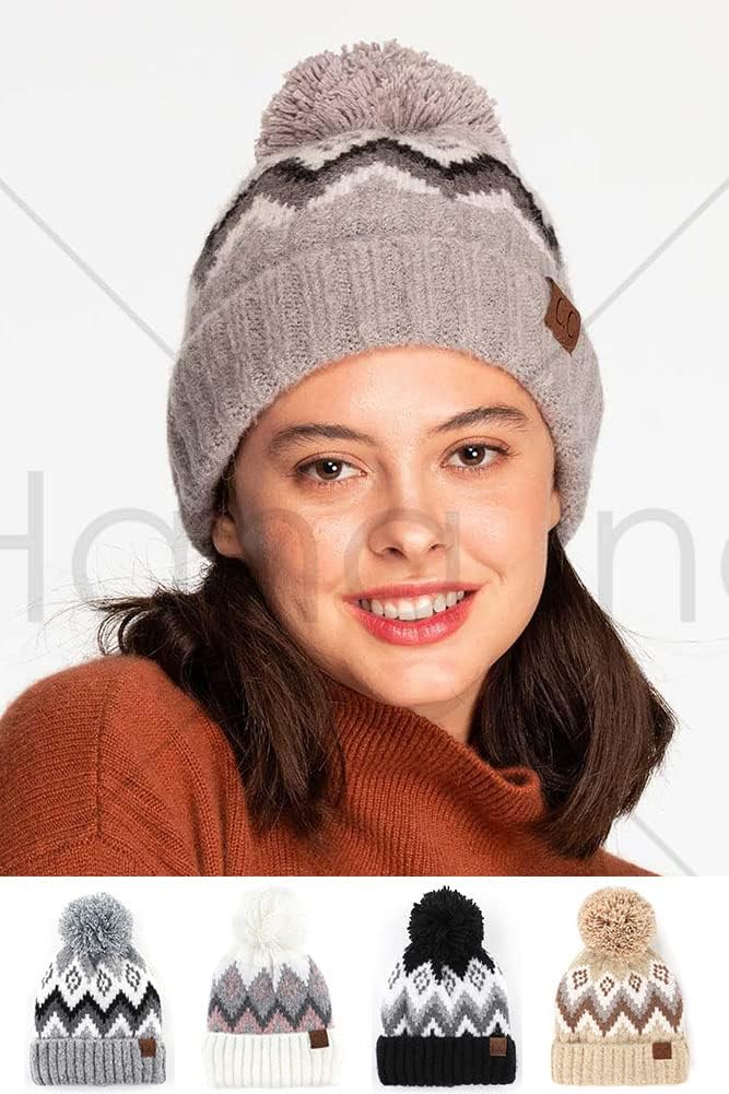 ScarvesMe Women's Winter Soft Knit Aztec Pattern Beanie with Faux Fur Pom