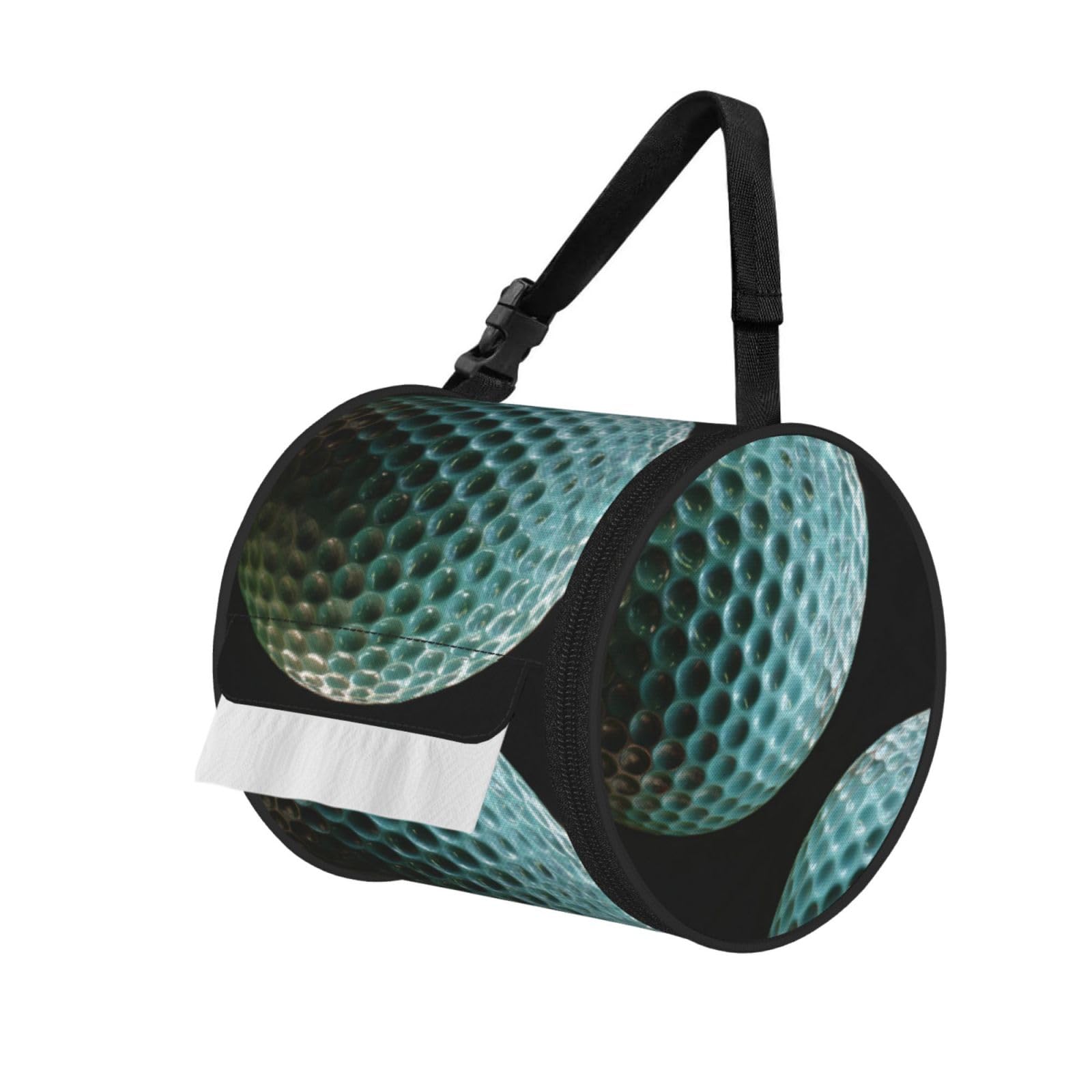 Golf Ball Printed Cylindrical Tissue Bag Portable Oxford Cloth, Foldable Travel Tissue Holder With Zipper And Adjustable Belt