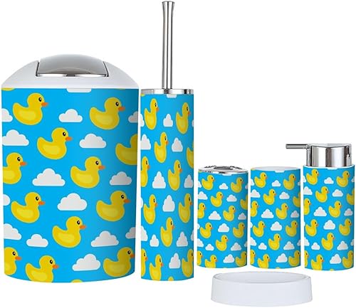 Juego de accesorios de baño, 6 piezas, soporte para cepillo de dientes de pato amarillo sin costuras, dispensador de jabón, jabonera, soporte para