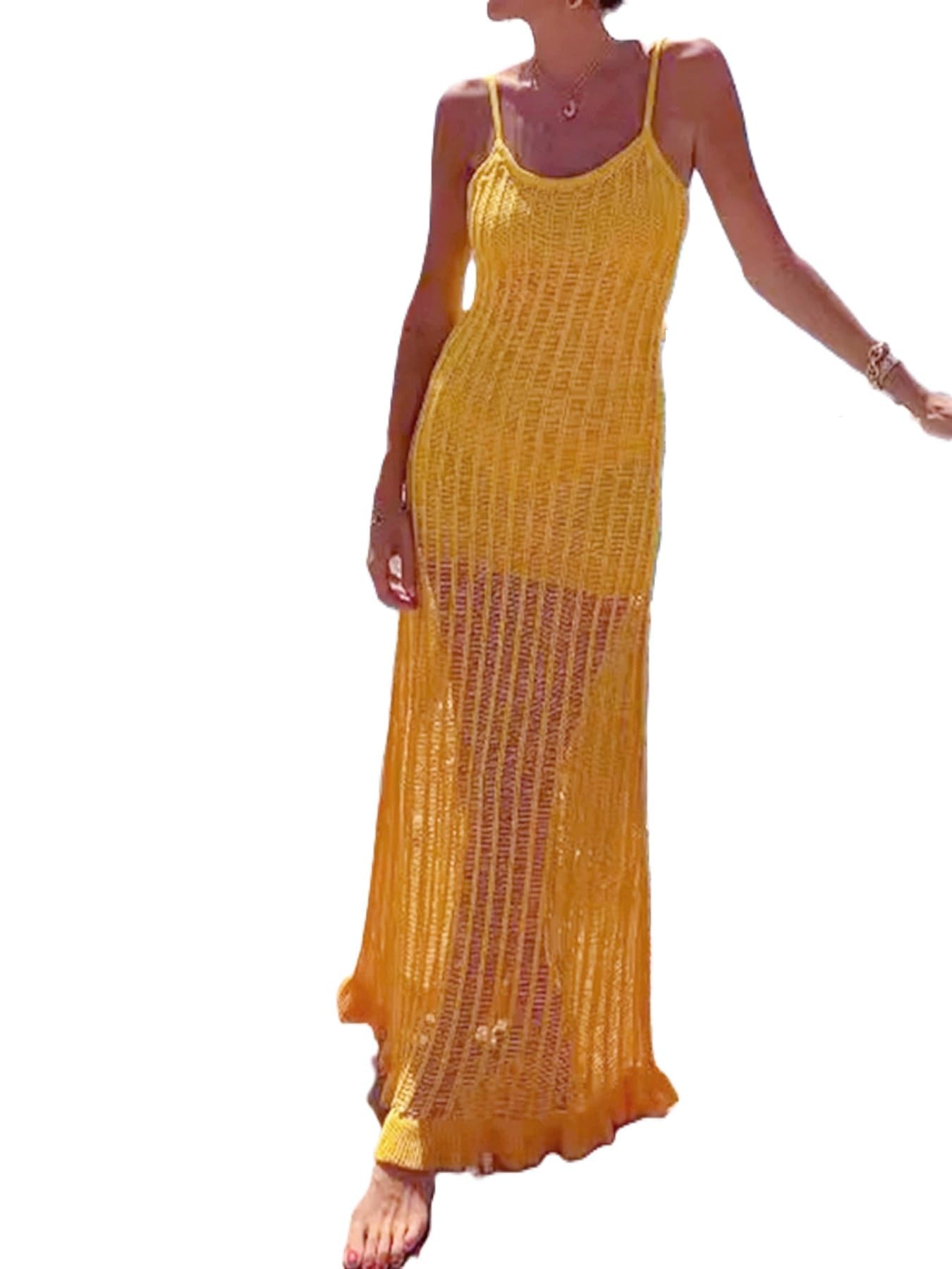 Vestido largo de playa tejido a mano con sofisticado diseño sin mangas 8