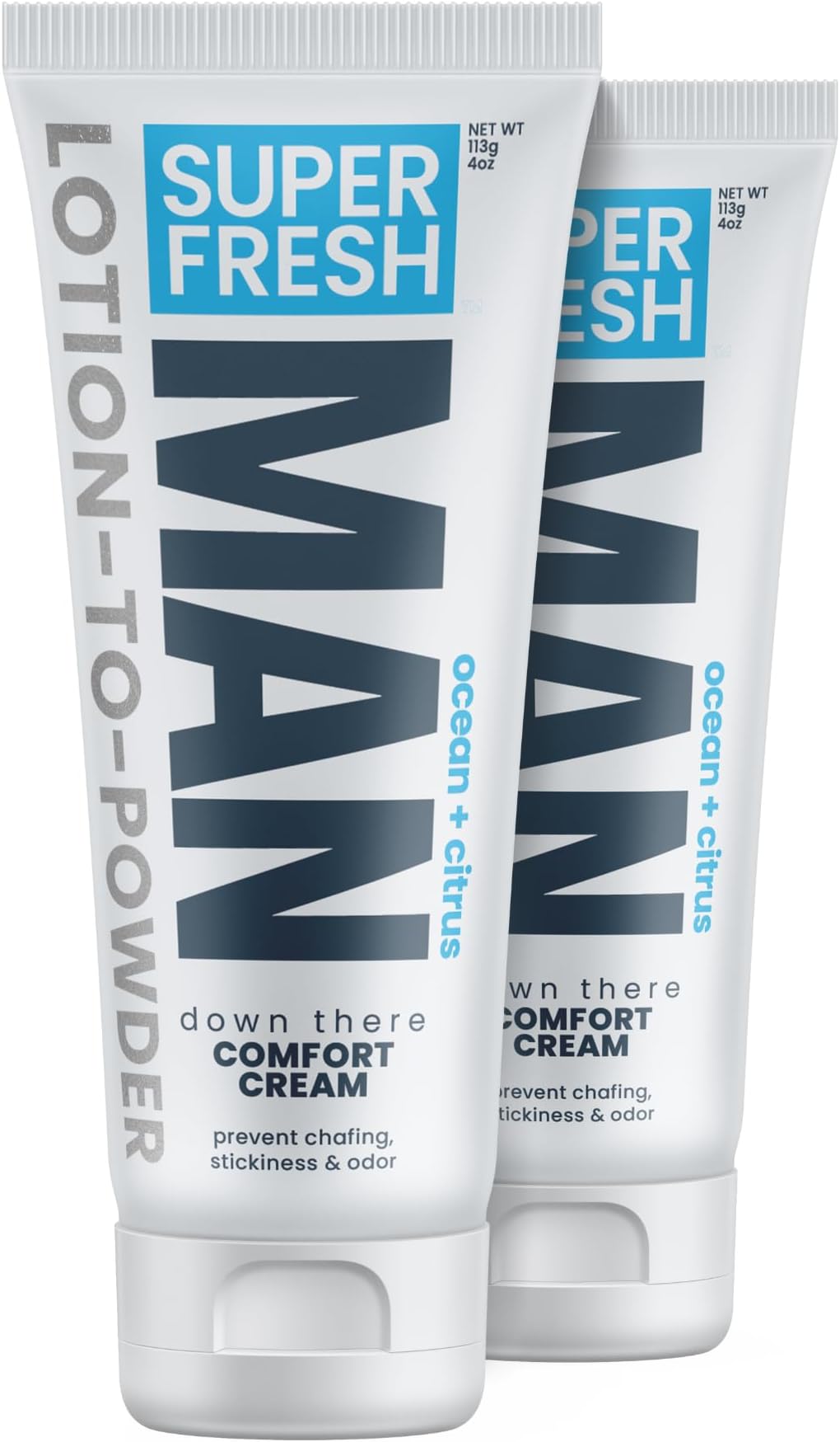 Super Fresh Ball Deodorant Powder Lotion Comfort Cream for Man Parts Groin Butt and Body Hygiene Controls Odor Stops Chafing and Itch Absorbs Sweat Aluminum Free Formula in 4 oz Twin Pack