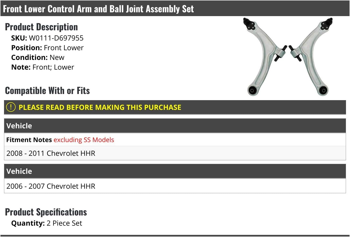 Front Lower Control Arm and Ball Joint Assembly Set of 2 - Compatible with 2006-2011 Chevy HHR (Excluding SS Models)