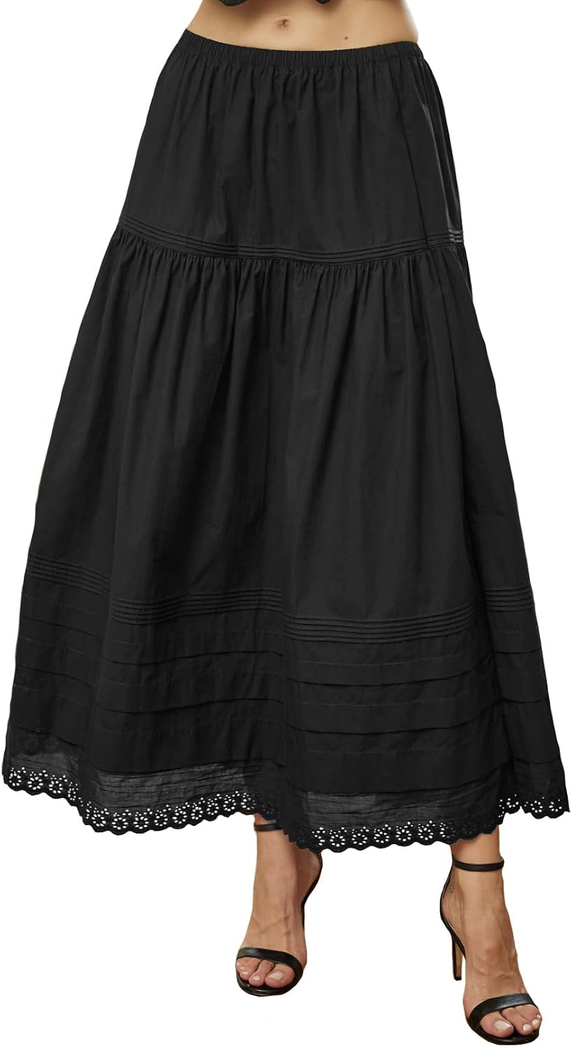 BEAUTELICATE Women's Long White Cotton A-Line Lace Trim Pintuck Tier Skirt