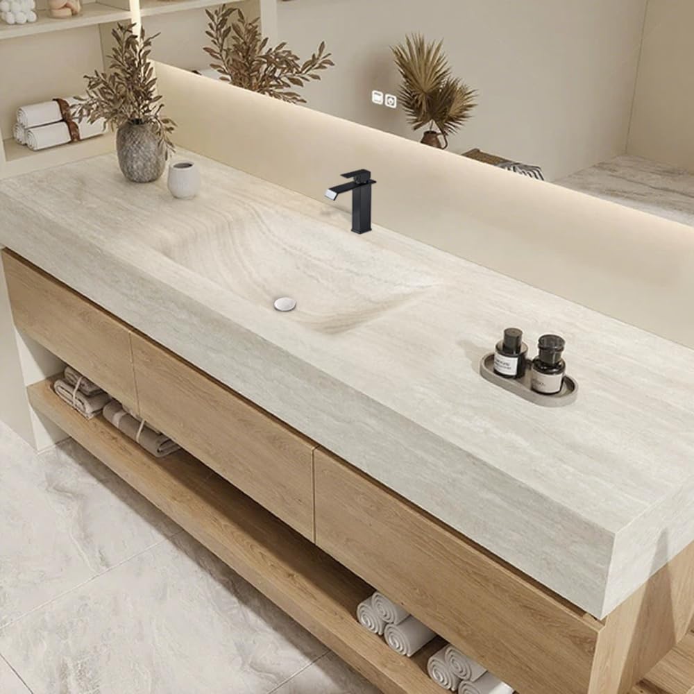 Generisch Set di lavandini da parete in pietra sinterizzata, effetto travertino, con specchio, mobiletto inferiore, ripiano e scarico, con foro per rubinetto, RW9865 (140 x 55 cm)