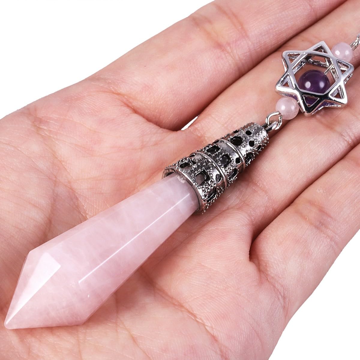 mookaitedecor Natural Rose Quartz Crystal Divination Dowsing Pendulum Faceted Pink Crystal Point Pendulum with Merkaba Star Dream Catcher Reiki Healing Crystal Witchcraft Wiccan Supplies Decor Gift - Image 2