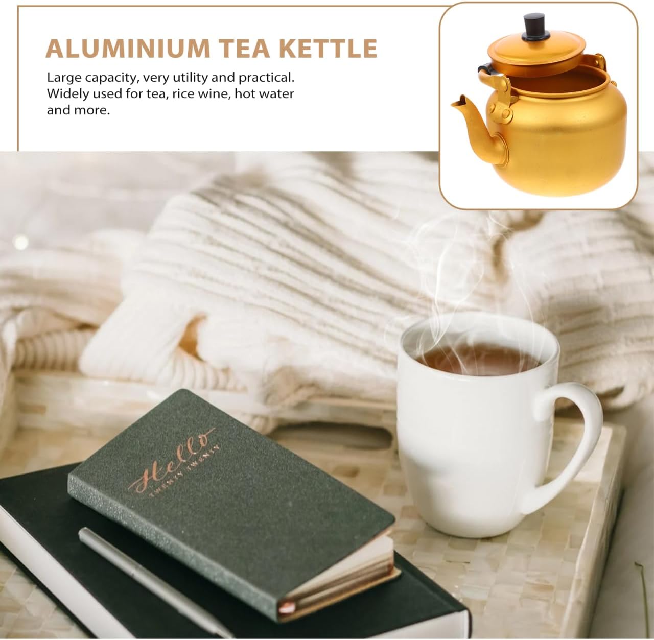 Cabilock Yellow Aluminum Rice Wine Kettle 6.88X4.92X3.34In Large Capacity Tea Pot with Hawk Mouth Spout and Non-Slip Handle for Home Restaurant Use