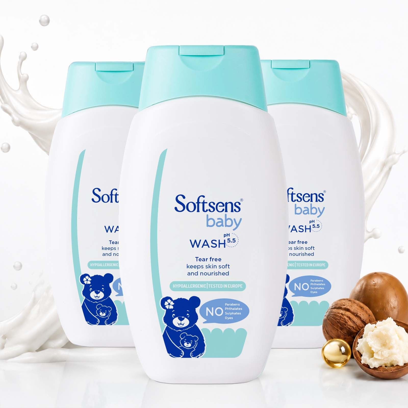 Softsens Baby TEAR FREE Baby Wash with natural milk cream & shea butter (200ml x Pack of 3)-picture-23