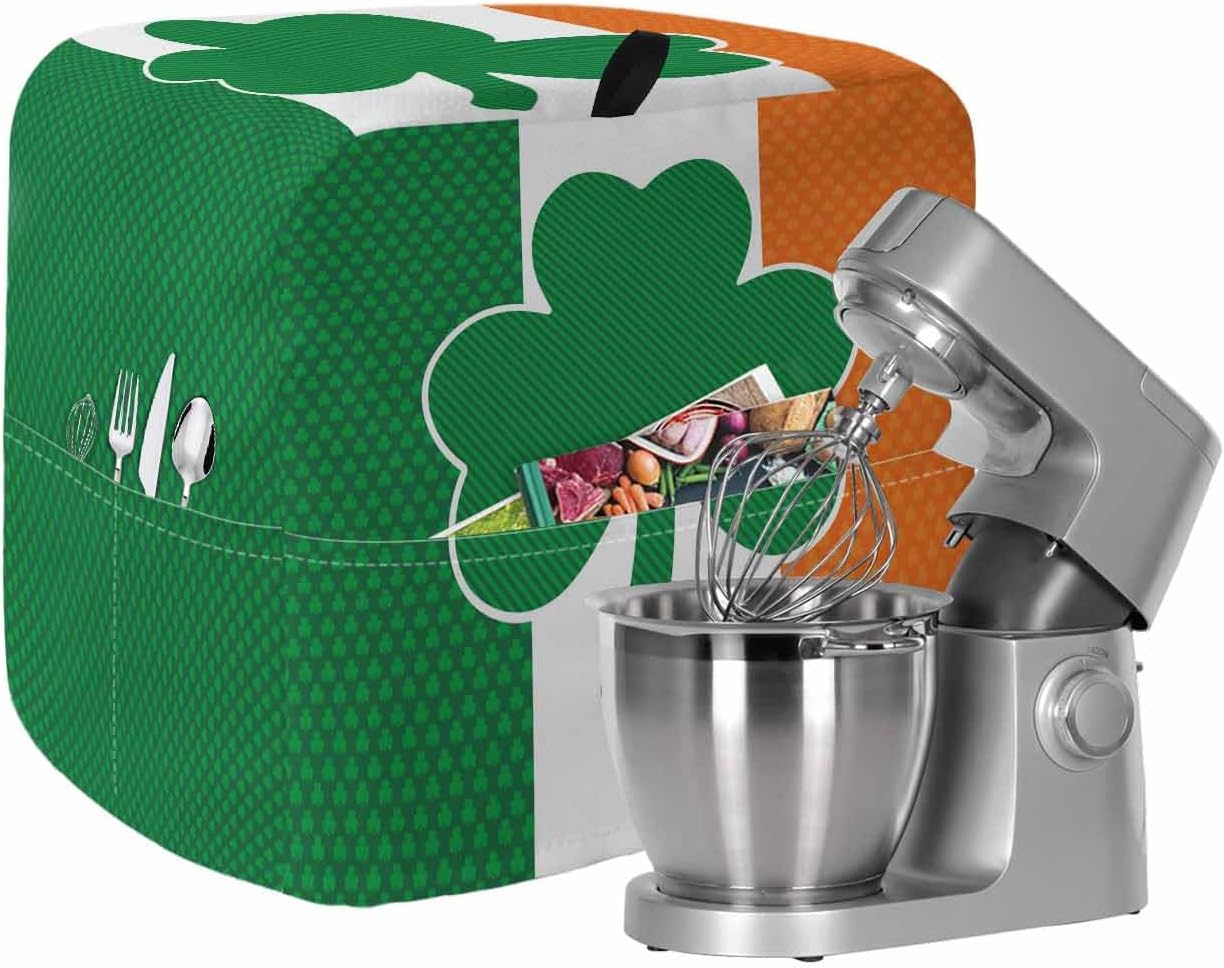 St. Patrick's Day Stand Mixer Cover with Storage Pocket, Waterproof Kitchen Mixer Covers, Irish Flag Green Lucky Shamrock Kitchen Appliance Dust Cover Compatible with 4/4.5 Quart Mixers