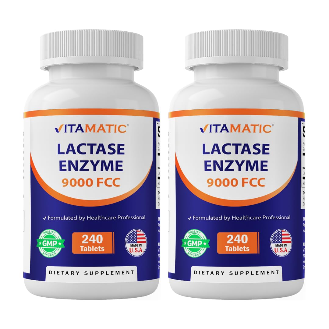 Vitamatic Lactase Enzyme 9000 FCC 240 Tablets - Lactose Intolerance Relief Caplets- 2 Pack