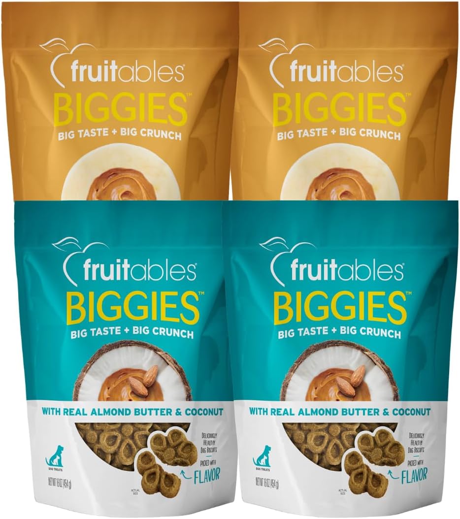Fruitables Biggies Soft & Chewy Dog Treats Variety Pack – Peanut Butter Banana + Almond Butter Coconut, 16 oz Bags (Pack of 4, 2 of Each), Made with Real Ingredients