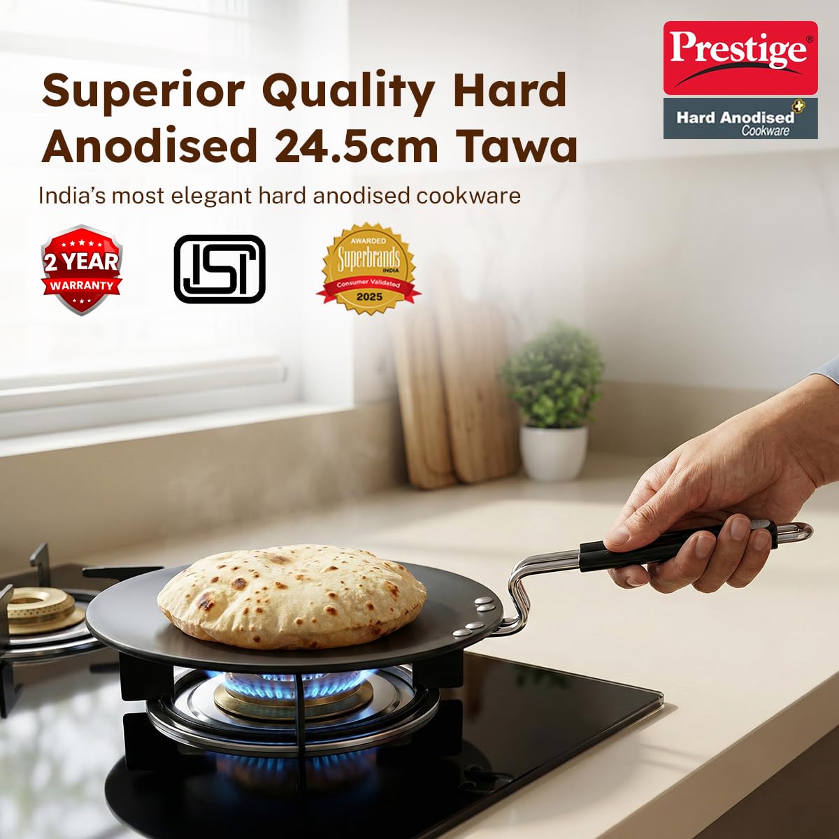 Prestige Hard Anodised Chapati Tawa 24.5 cm | Extra Thick Base (4.88 mm) | Gas & Induction Compatible | Metal Spoon Friendly | Stay Cool Handle | Wide Base | 2Y Warranty | ISI