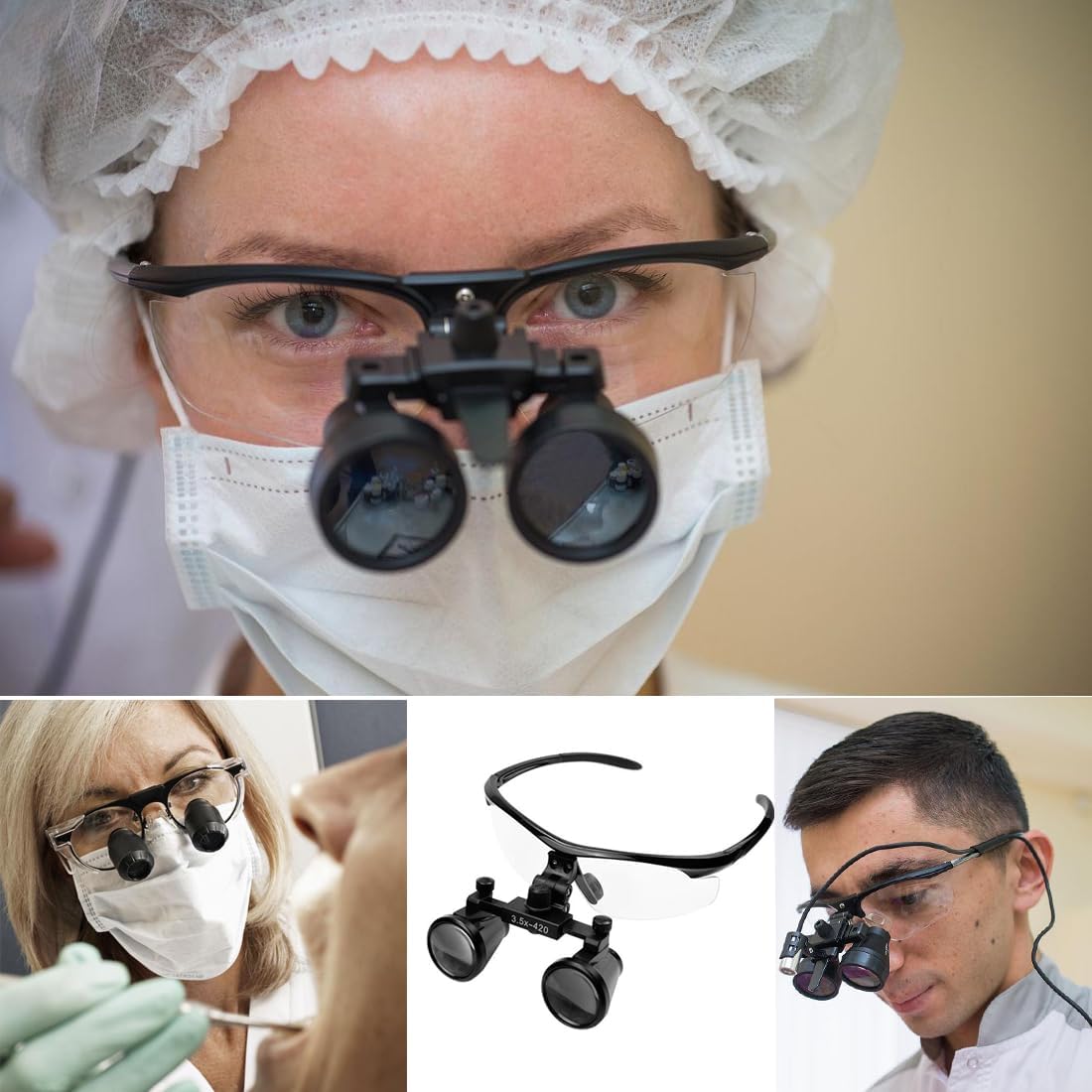 Dental Surgical Loupe 3.5 X Working Distance 320-420mm Binocular Magnifier Sport Frame(Pure Black Version