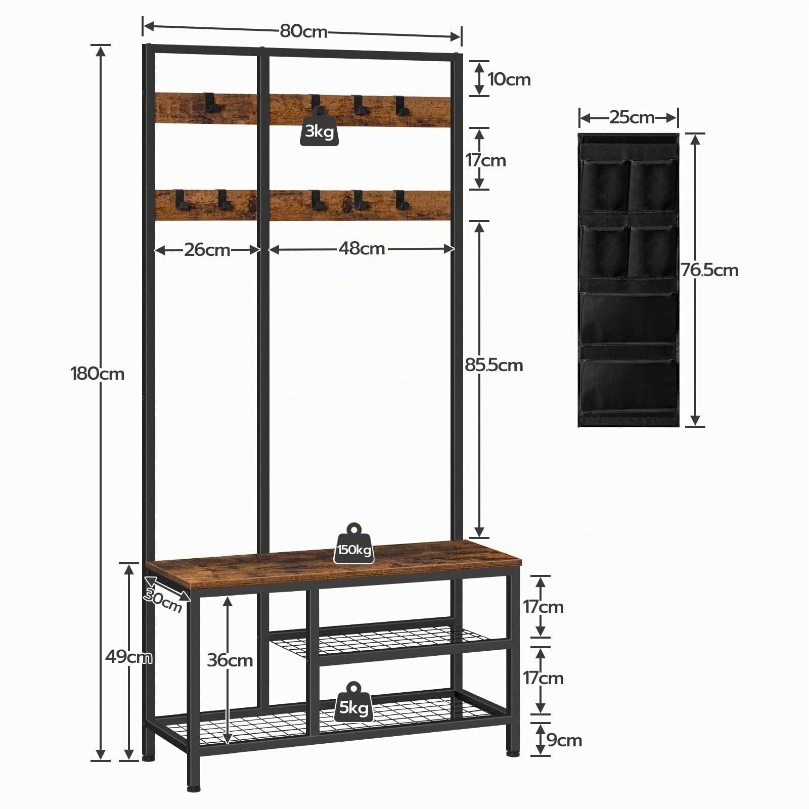 HOOBRO Perchero, Recibidor Perchero, Zapatero con 3 Capas Estantería, Árbol del Vestíbulo, 9 Ganchos Extraíbles, Industrial, Estructura Metálica, para Entrada, Sala de Estar, Dormitorio EBF24MT01