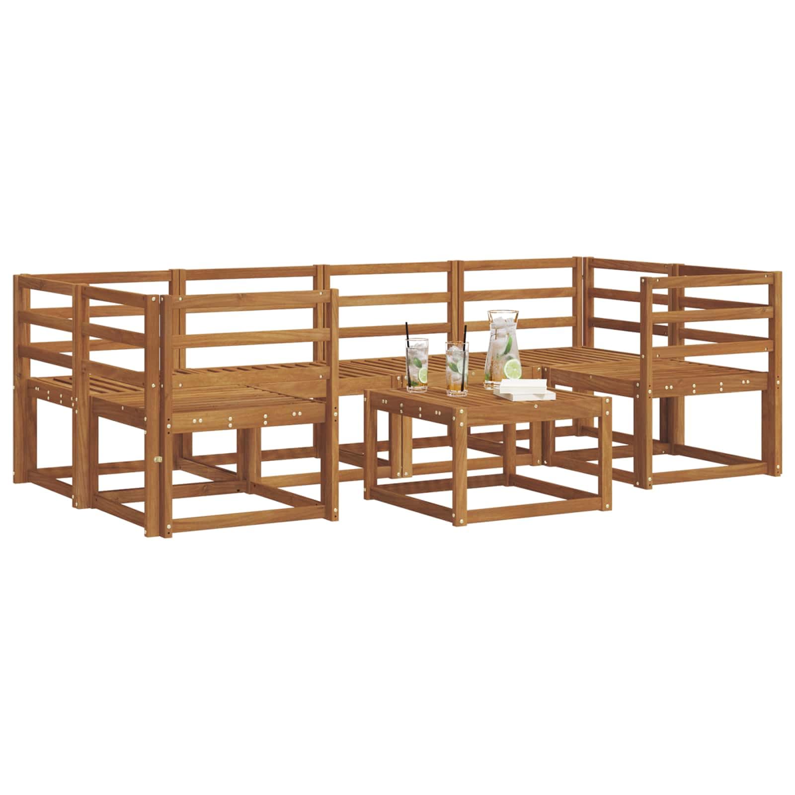 Outdoor-Sofagarnitur 7-teilig aus massivem Akazienholz Natur mit Tisch und flexiblen Sitzkombinationen für Garten Terrasse und Poolbereich, modernes Latten-Design, robust und langlebig