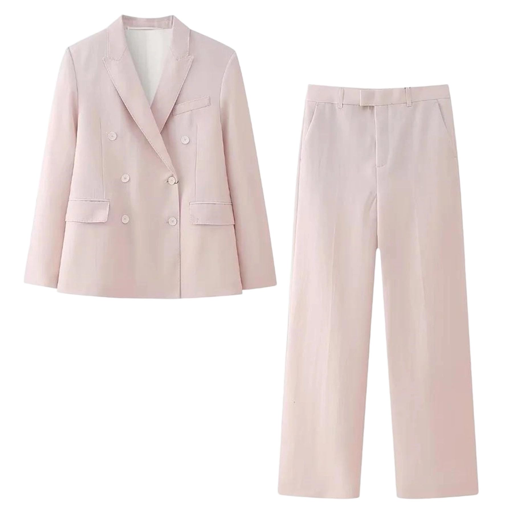 Womens Double-Breasted Blazer for Business Casual Notched Lapel Office Work Jacket High Waist Wide Leg Suit Pants