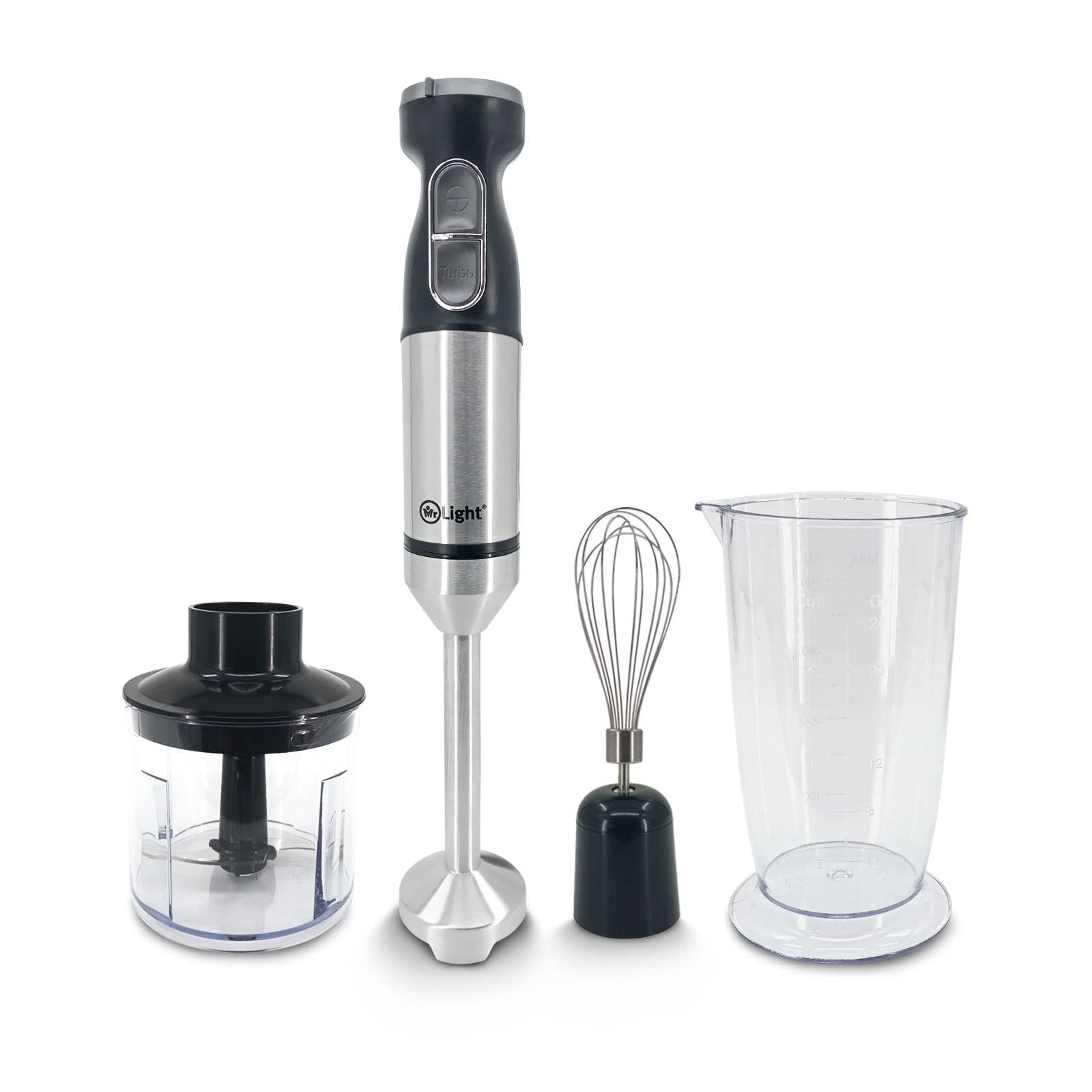 Mr. Light Powerful Electric Hand Blender, with Turbo Function With Speed Controller, Stainless Steel Stick Blender, 700ml Mixing Beaker, 500ml Food Processor, Whisk, SS Rod - MR.0508
