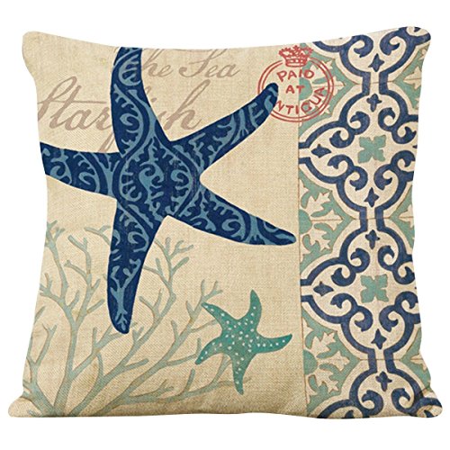 famibay Decorative Pillow Cover Ocean Park Theme Square Cotton Linen Throw Pillow Case Cushion Cover 18 x 18 (Starfish Coral)