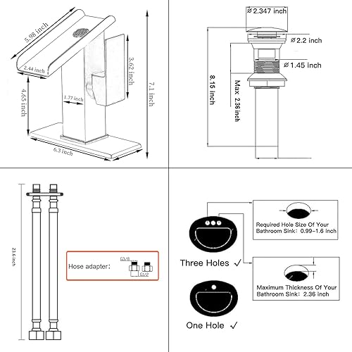 Miniatura 8 de Grifo de baño negro cascada con boquilla abierta LED que cambia de color, 1-3 agujeros, lavabo, lavabo, grifo de lavabo, mango único con tapón de