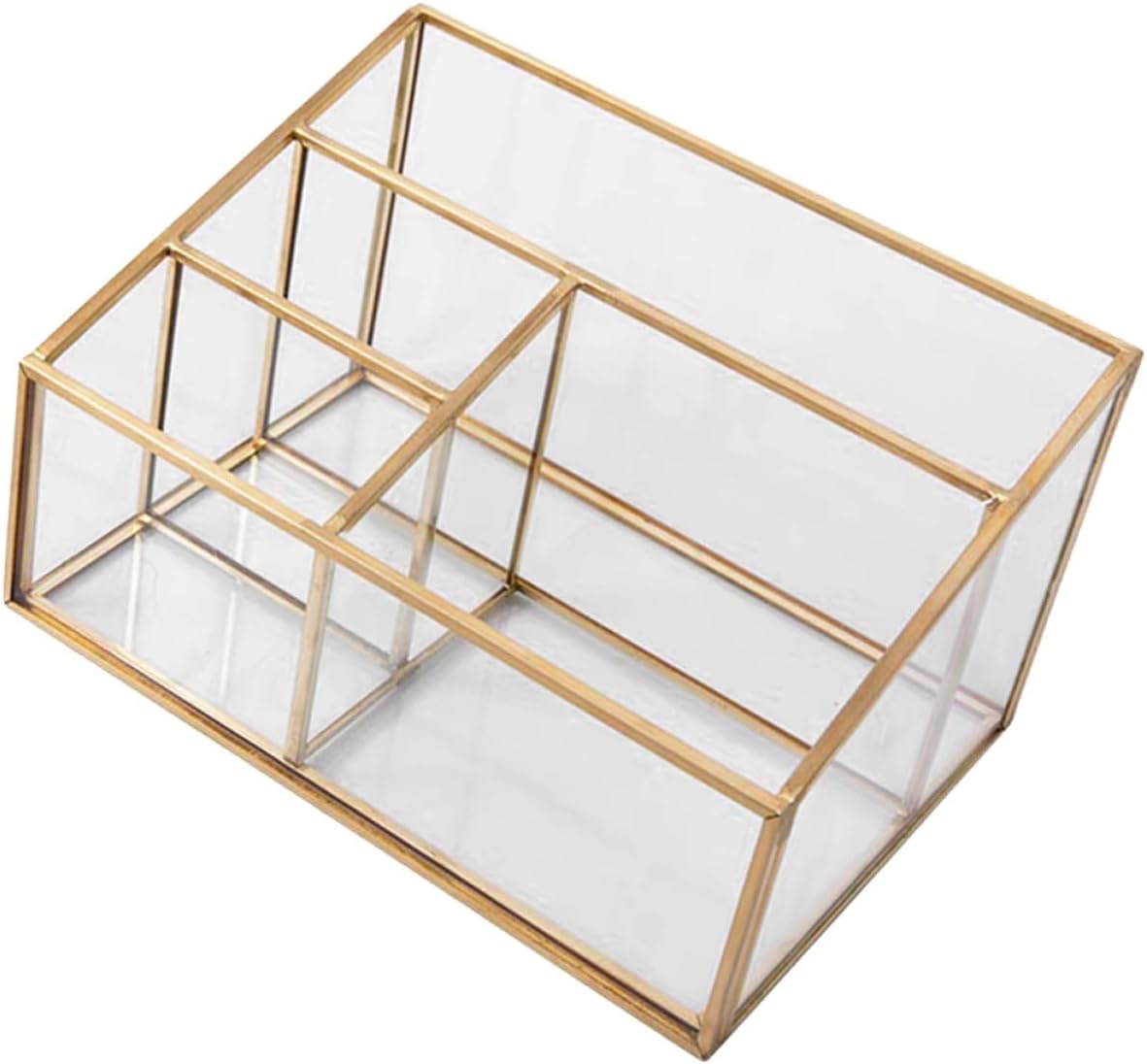 SHINEOFI Metal Frame Glass Makeup Organizer with Brush Holder and Lipstick Display Compact Cosmetic Storage Case for Vanity Bedroom Office Multi-functional Cosmetic Display Organizer