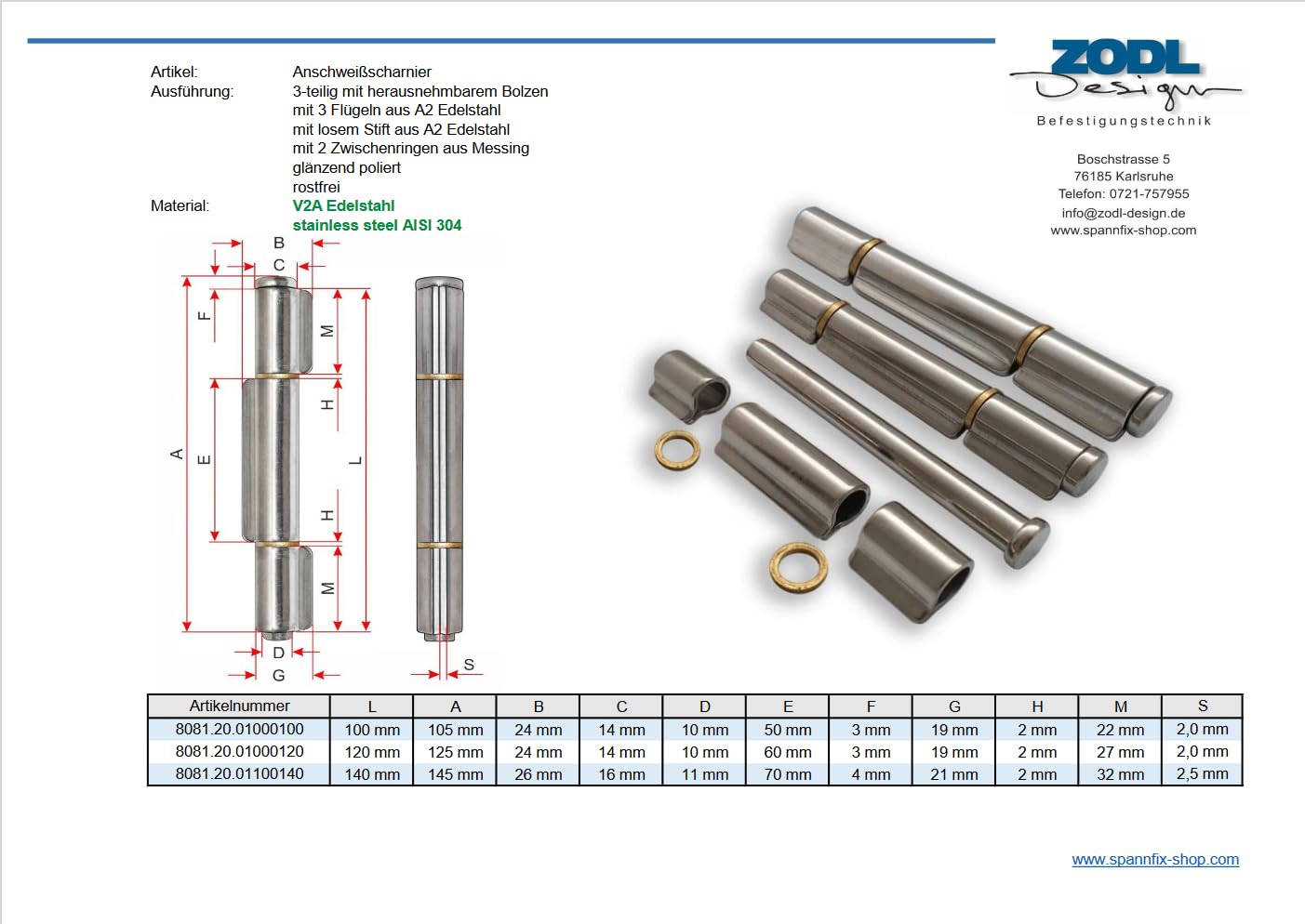 Zawias spawalniczy 100 mm A2 stal szlachetna 3-częściowy z wyjmowanym trzpieniem (10 sztuk 100 mm)