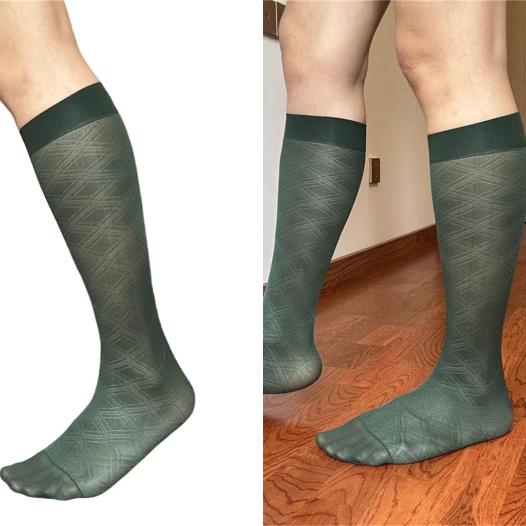 Men's Thin Sheer Nylon Dress Socks Elegant Argyle Pattern Middle Calf Socks for Business Suit and Formal