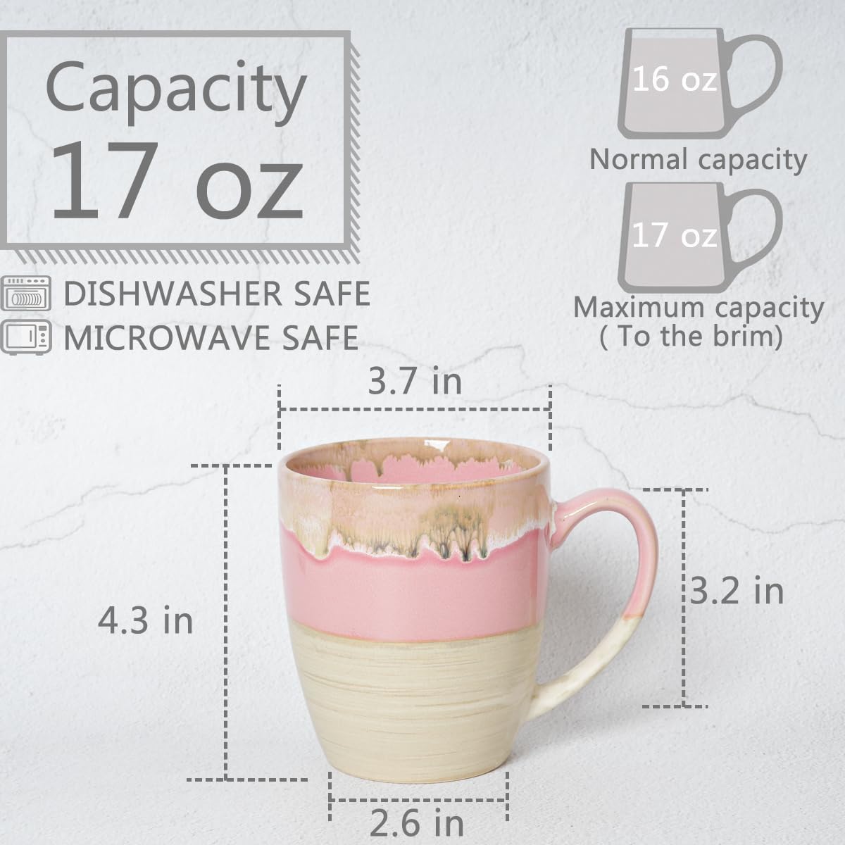 Bosmarlin Ceramic Coffee Mug Set of 4, 17 Oz, 5 Colors to Choose, Tea Cups, Dishwasher and Microwave Safe, Reactive Glaze (Pink) - Image 2