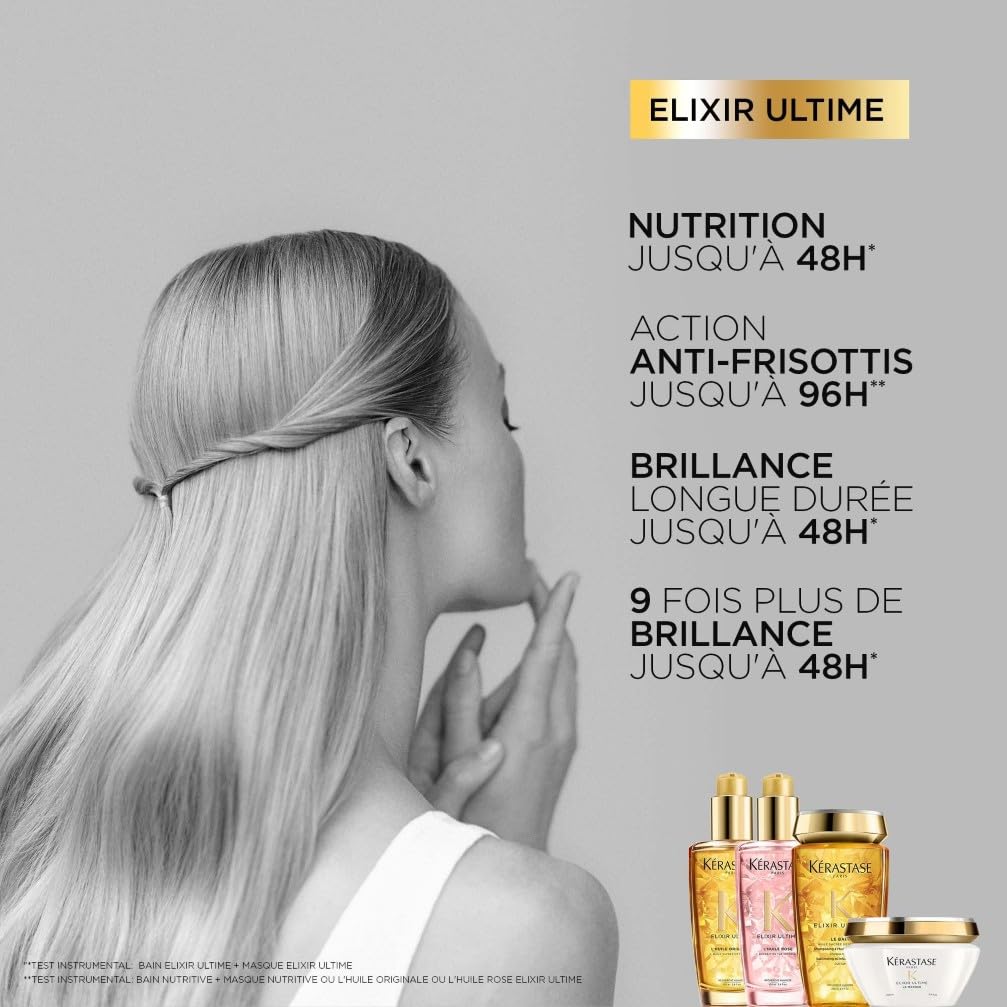 KÉRASTASE Elixir Ultime - Bain Elixir Ultime - Shampoing Nourrissant - Nutrition & Brillance Jusqu'à 48h - 9 Fois Plus de Brillance - Action Anti-frisottis Jusqu'à 96h - Tous Types de Cheveux - 250 ml