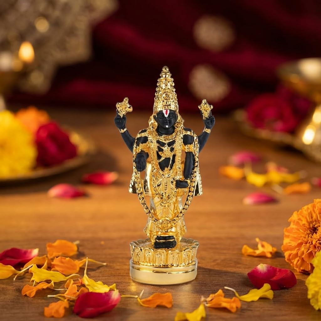 Gold Plated Premium Tirupati Balaji Venkateswara Idol for Car Dashboard, Hindu Home Decor and Gifting - 4.5 Inches (Gold and Black)