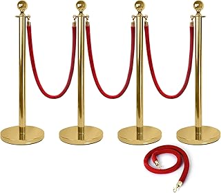 Carivia 4Pcs Gold Stanchion Posts Queue 38 Inch with 4pcs Red Velvet Rope, Crowd Control Barriers Queue Line Rope, Crowd Control Stanchion for Party Supplies
