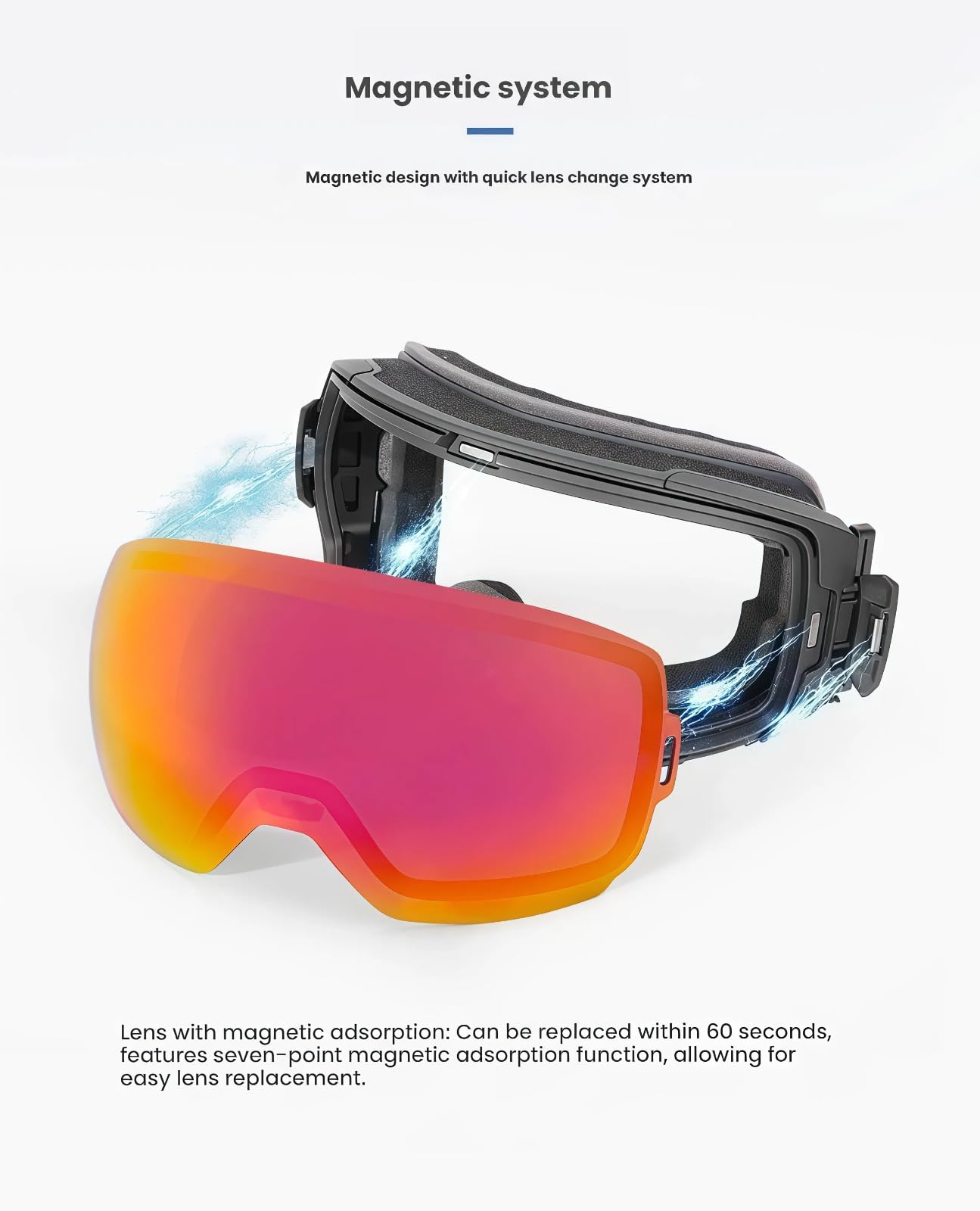 Maschera da sci magnetica anti-appannamento, unisex, con lenti intercambiabili in policarbonato, protezione UV, ampia vista, per sport invernali, snowboard, motoslitta