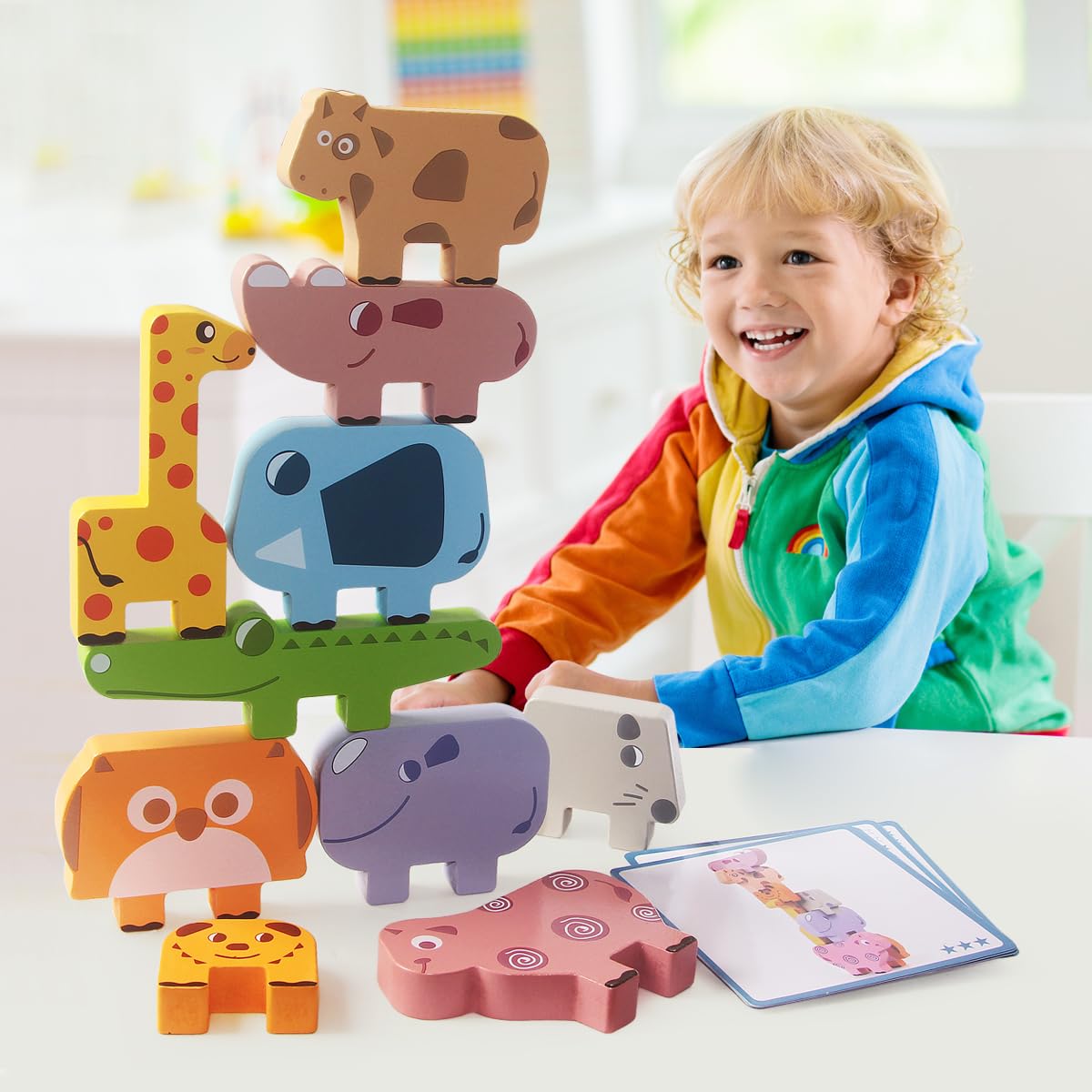 AIPLUXWooden Toddler Building Block Animal Stacking & Montessori Educational Toys - Fine Motor Skills Manor Gifts Boys Girls 1-4 Years