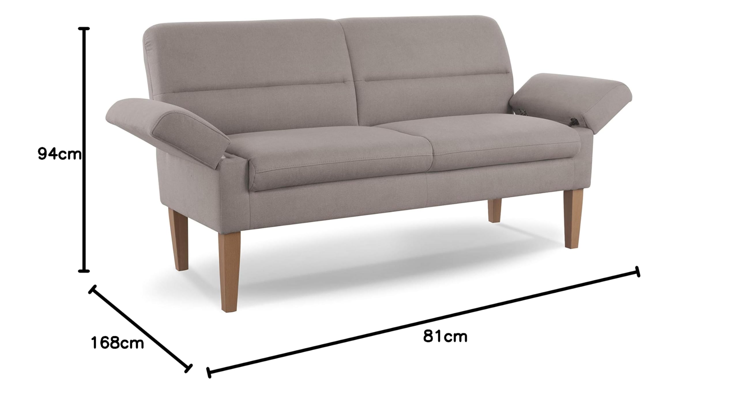 CAVADORE 2,5-Sitzer Küchensofa Kira / Sitzbank für Küche, Esszimmer oder Wohnküche inkl. Armteilverstellung / Leichte Fleckenentfernung dank Soft Clean / 168 x 94 x 81 / Flachgewebe: Hellgrau