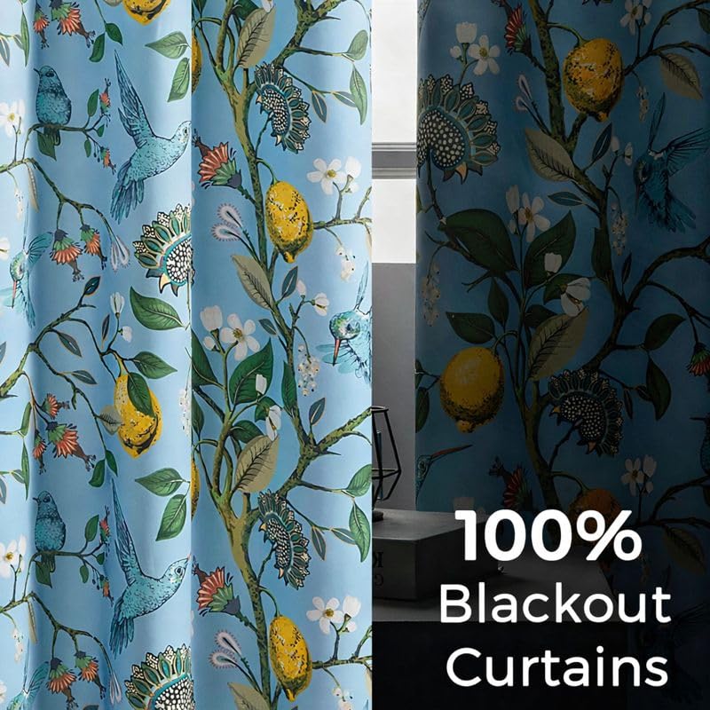 Image of BFAM Floral Print 100% Blackout Curtain with Black Linning at Back,Spa Blue Bird Print Curtains for Living Room /Bedroom Thermal Insulated Energey Saving 8 Feet Pack of 1 Curtain