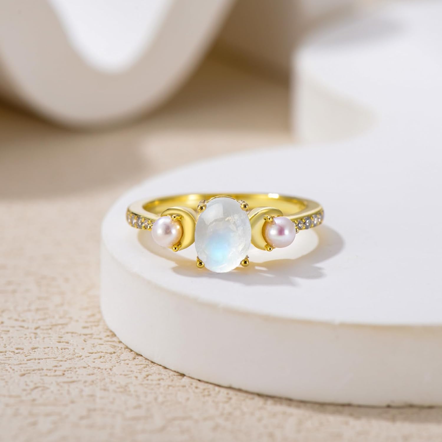 10K 14K 18K Gold Oval Cut Gemstone and Pearl Rings for Women 6×8MM Gemstone and Freshwater Cultured Pearls Promise Statement Anniversary Ring for Her Size 4-15 - Image 2