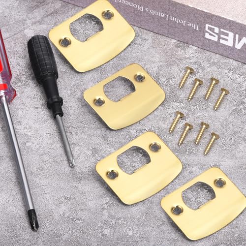 Door Strike Plate 2-1/4\"x 1-3/4\", 4 Pcs Universal Round Corner Design Gold Stainless Steel Construction Extended Lip Door Latch Plates Hardware with 8 Pcs 0.8\" Screws for Interior Exterior Doors