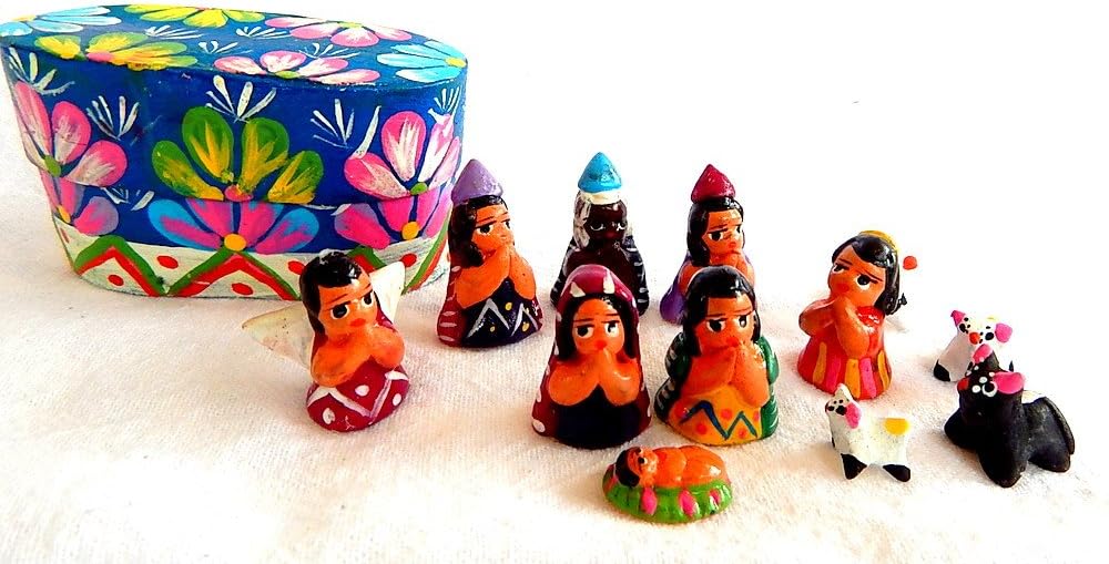 Small Handmade Guatemalan Nativity 12-piece Set with Blue Box