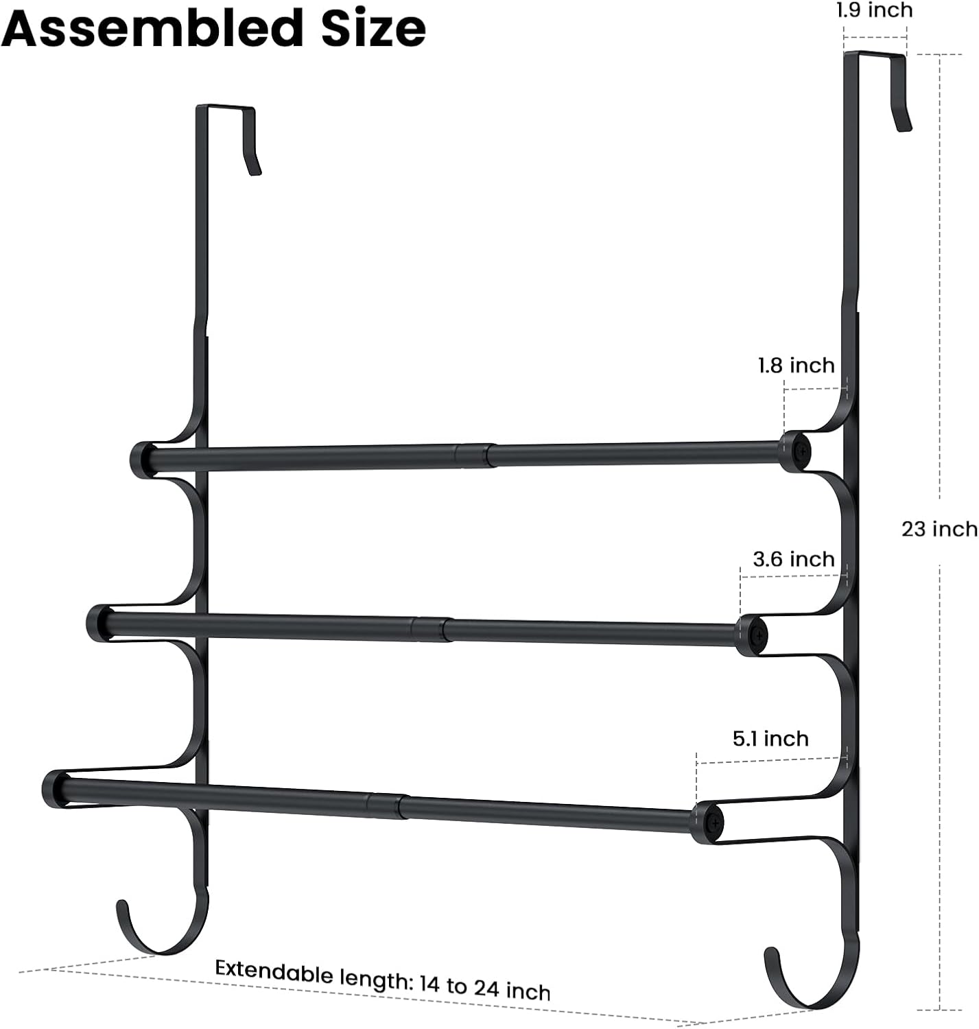 Over The Door Towel Rack, Extendable Triple Towel Storage Holder with Hooks, 24.02 Inches Towel Bar Hanger Towel Racks for Bathroom (Black)