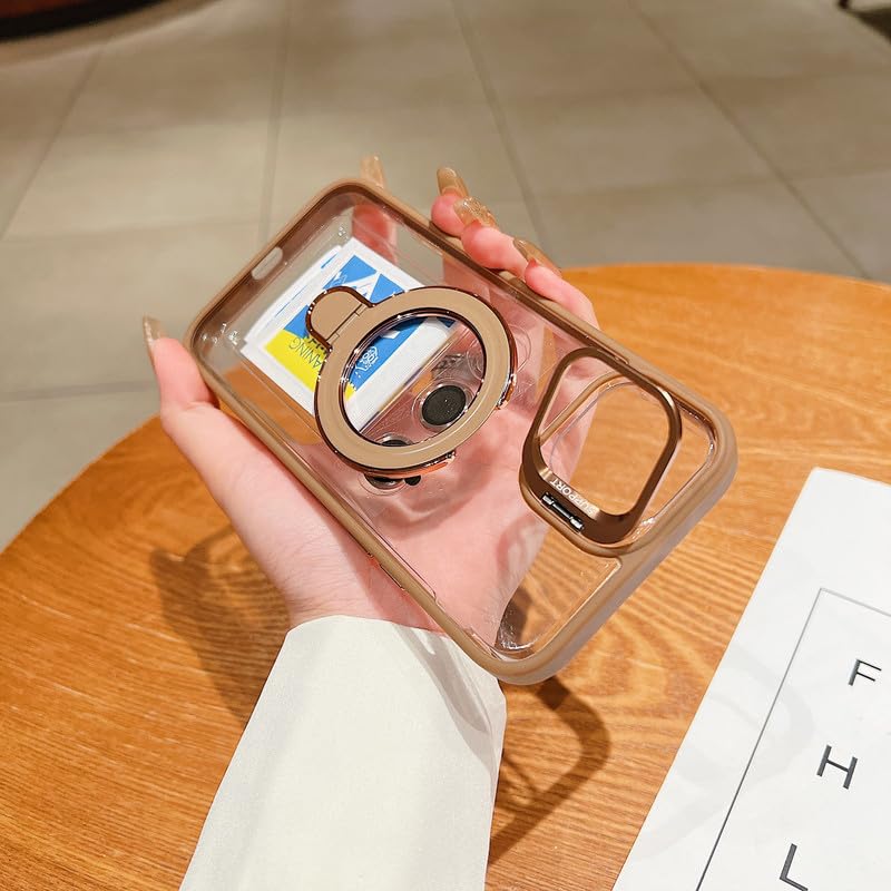 Image of LuxuryKase Magnetic Clear Case for iPhone 15 Plus | Metal Ring Stand | Camera Lens Protector Rings | Shockproof Hard PC Back | MagSafe Compatible | TPU Bumper - Desert Gold