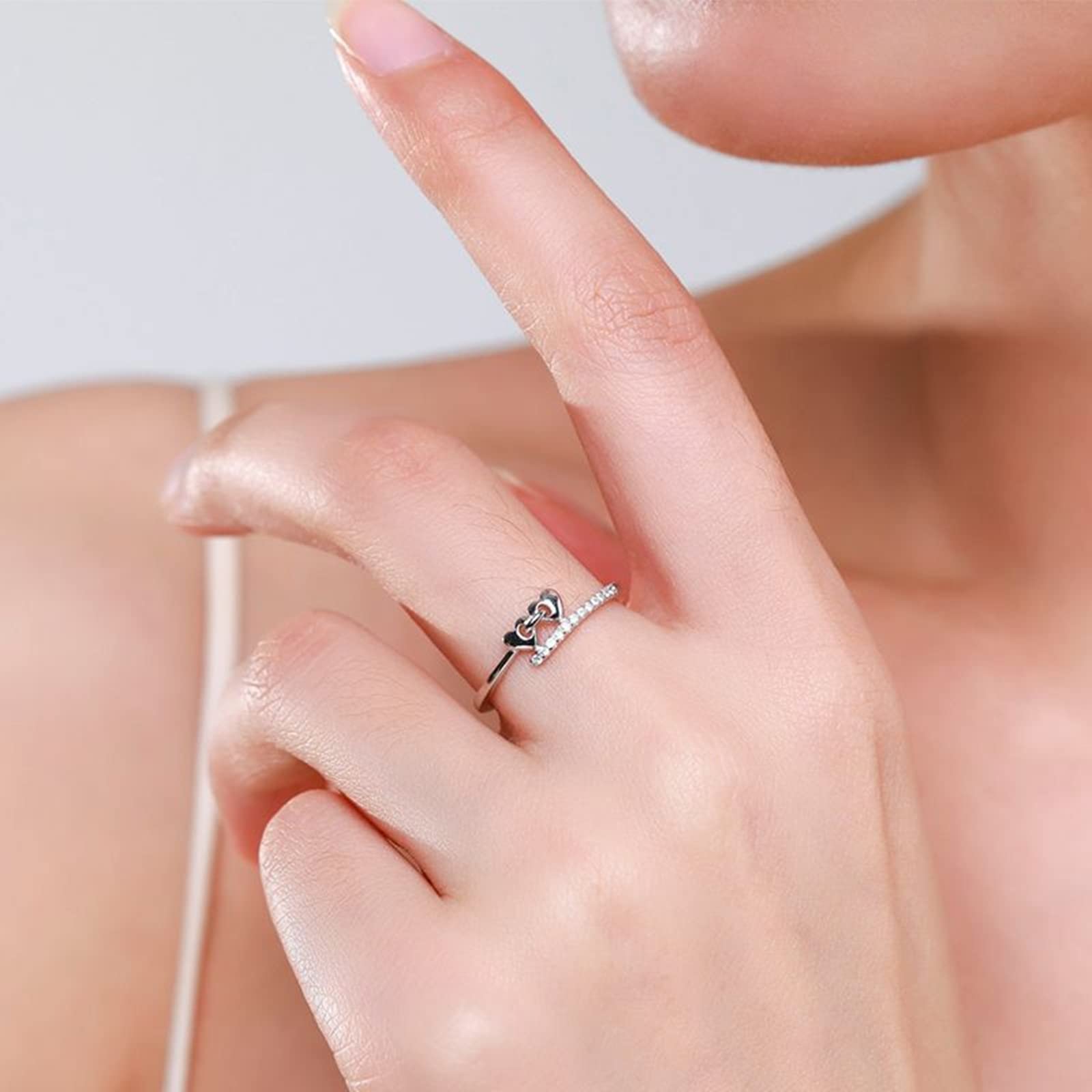 Anillos de promesa de plata de ley 925 para mujer, anillos ajustables para adolescentes y niñas, corazones dobles conectados con circonita cúbica, anillo para mujer, tamaño ajustable
