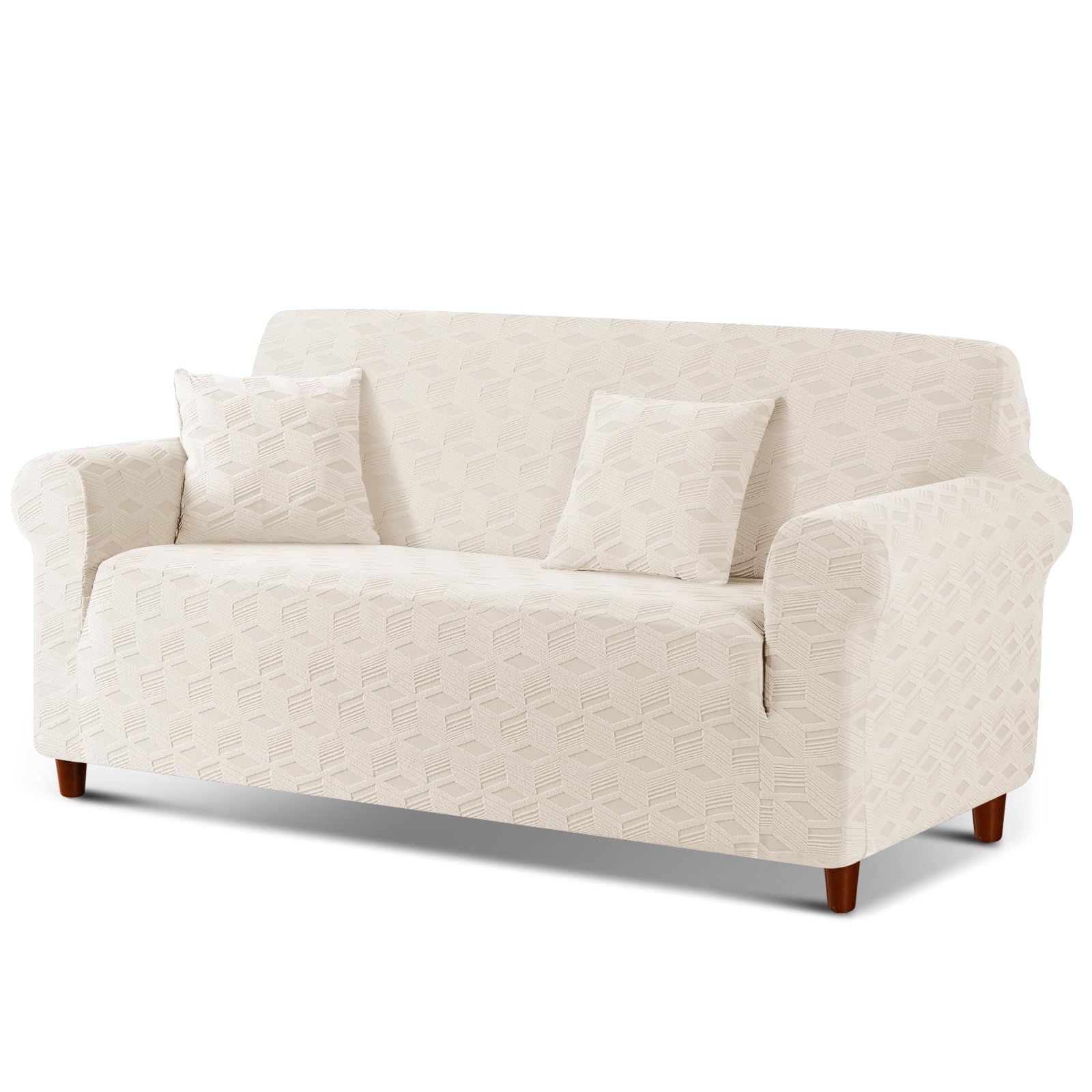 TAOCOCO Loveseat Sofa Cover, 1Piece Couch Cover for 2 Cushion Sofa Washable Loveseat Slipcover with 2PCS Throw Pillow Covers, Jacquard Furniture Protector for Pets Dog(2 Seater,Beige)