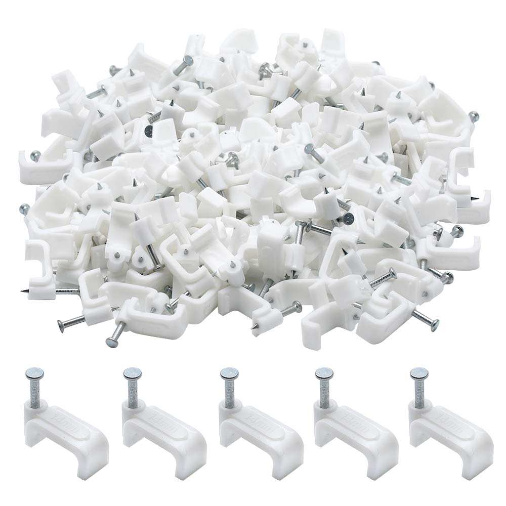Flat Ethernet Cable Wire Clips with Nail, 14mm, White, 200pcs
