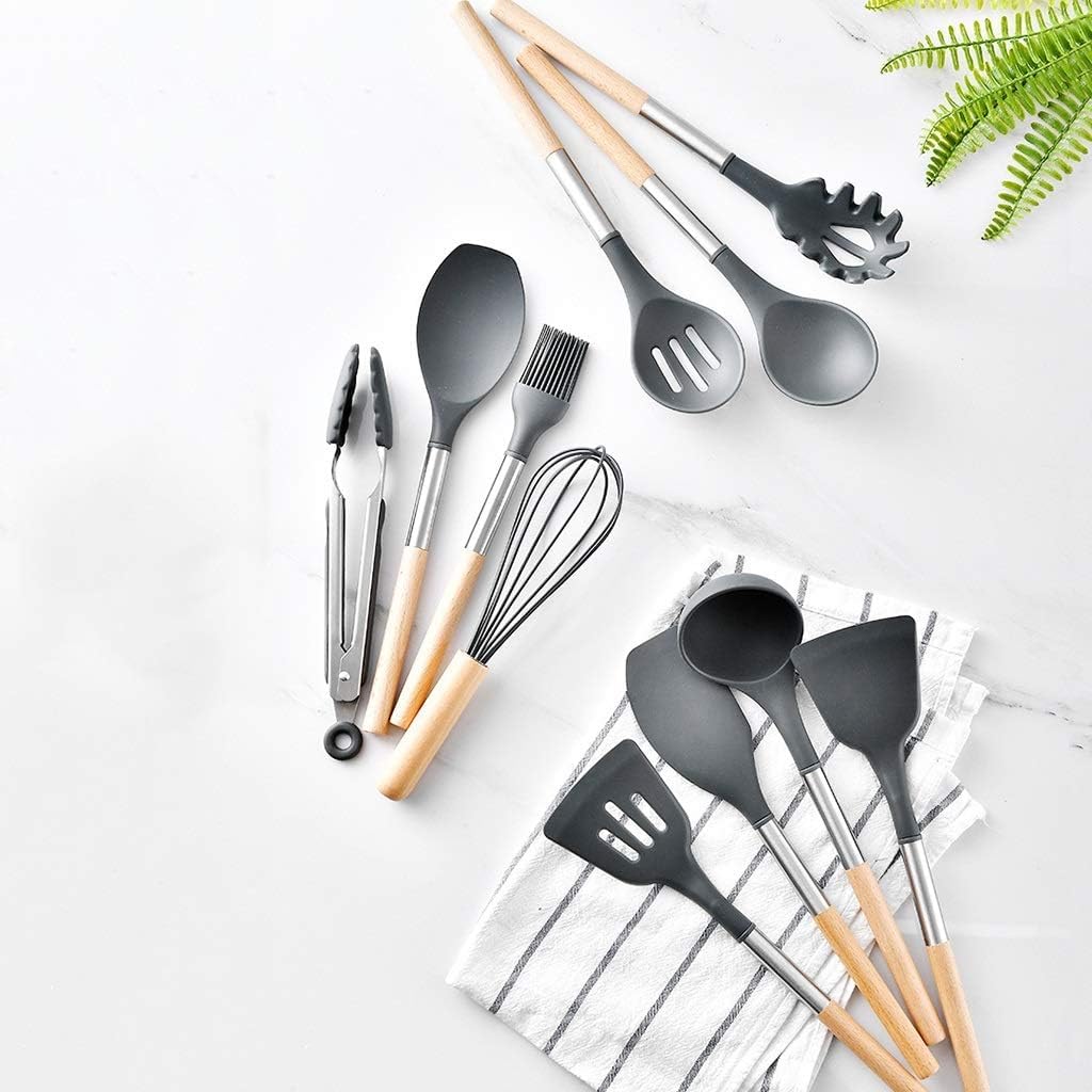 Silikon-Besteckset, Silikon-Küchenutensilien-Set, Kochutensilien-Sets mit Halter – 11-teilig, Holzgriff, antihaftbeschichtetes Kochgeschirr, Kochutensilien, spülmaschinenfest, Schwarze