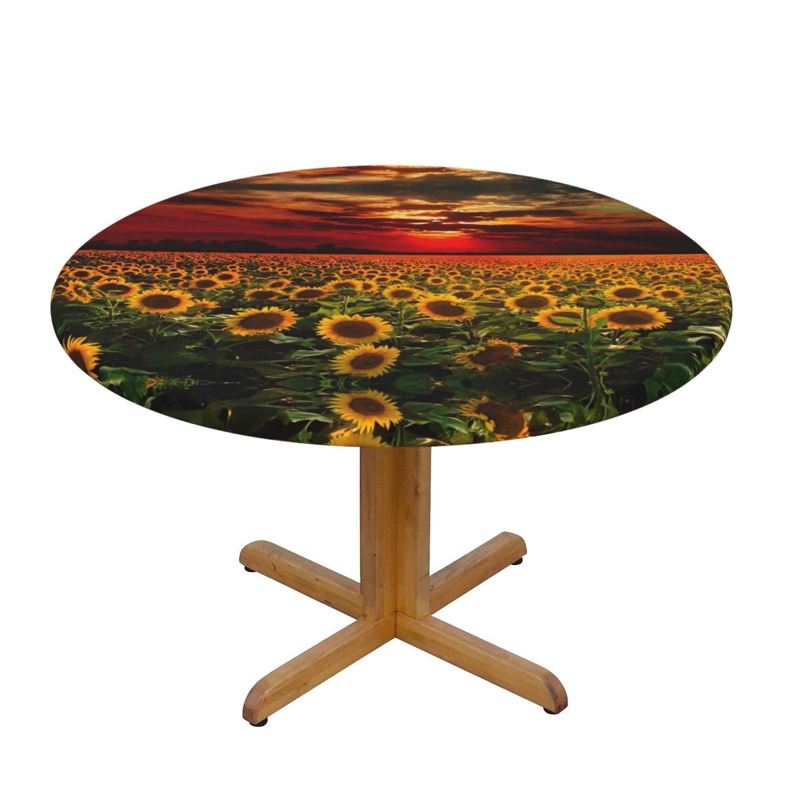 ESNAIUVCD Sunset Sunflower print Waterproof Round Tablecloth,Outdoor Table Cloth with Elastic Edged, Elastic Tablecloth Wipeable, Garden Table Cloth Suitable for sizes 90cm-140cm