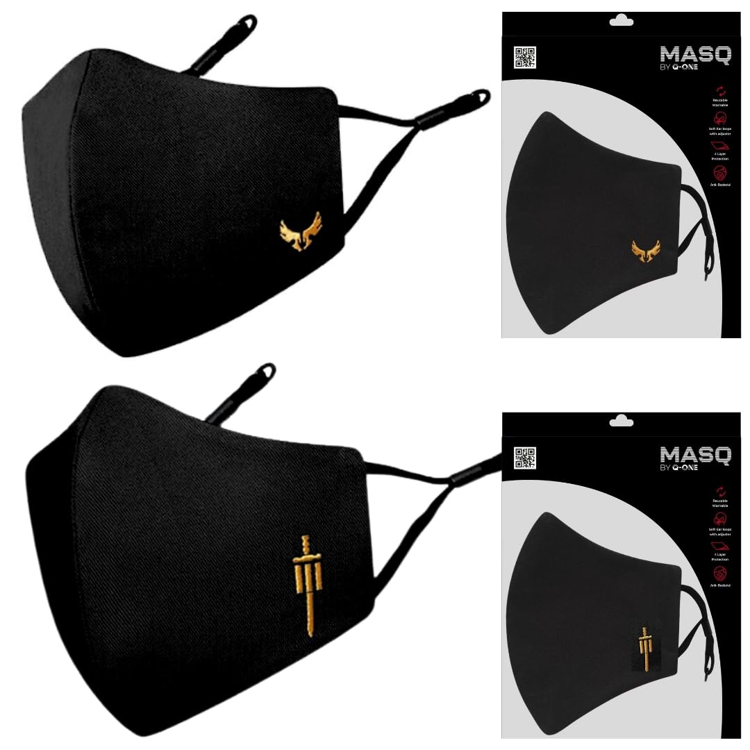 By Q-One Sabre 4 Layer, Reusable, with Ear Adjusters, Anti-Bacterial (BFE>99%) Cotton Cloth Face Mask for Men, Boys (Pack of 2)