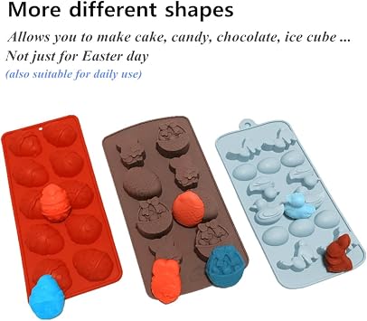 Easter Silicone Egg Molds, 3 Pack Silicone Bunny Shaped Chocolate Candy Jello Cake Baking Pan for Easter Party (Style A)