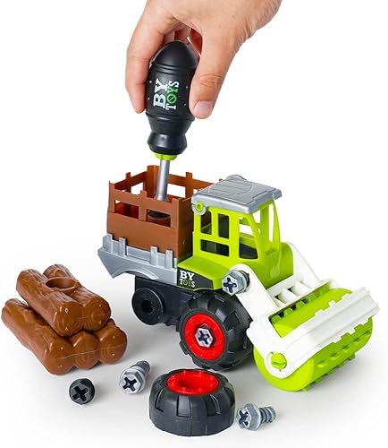 Boley Juego de 26 piezas de vehículos desmontables, juguete STEM con taladro y accesorios, camión de granja para niños, a partir de 3 años